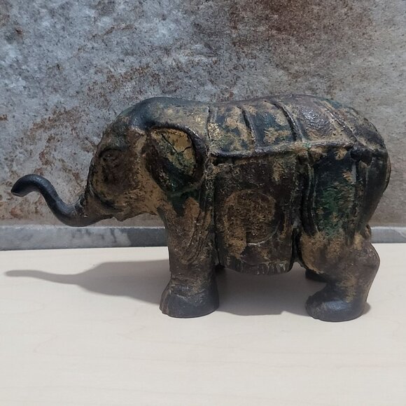 Antique Cast Iron Metal Elephant Figurine Statue Dark Patina - Picture 3 of 13